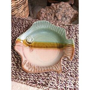 Artisan Pottery Fish Bowl 8" green brown rustic